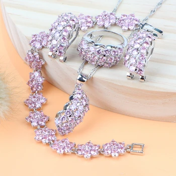 

Wedding Silver 925 Bridal Costume Jewelry Sets Pink Zirconia Ring Earrings Pendant Bracelet Necklace Set For Women Free Gift Box