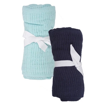 

2 Pcs 100% Cotton Baby Infant Cellular Soft Blanket Pram Cot Bed Mosses Basket Crib Color:Dark Blue & Light Green
