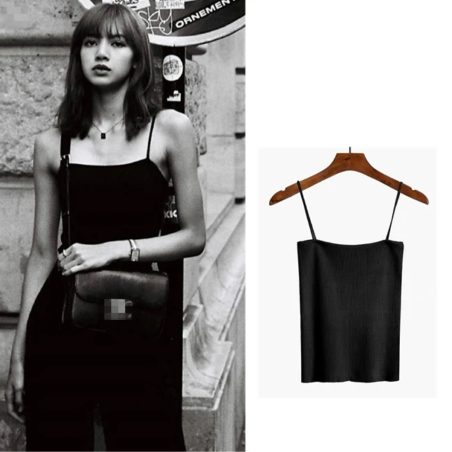 Kpop Blackpink Lisa same Лето Черный Слинг обрезанный Женский Топ короткий тонкий с открытыми плечами обрезанный Топ женский корейский Уличная Сексуальная Топы