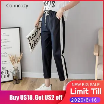 

Cotton Linen Ankle Length Side Stripe Pants Women's Trousers Autumn Summer Pencil Casual Pants Women Harem Trouser Green Blue