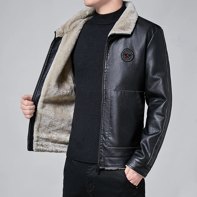 Men Winter New Leather Jackets Autumn and Winter Fur Coat with Fleece Warm Fur Pu Jacket Biker Warm Leather 4XL 1