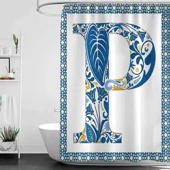 

Shower Curtains White and Black Letter P,Floral Motifs Swirls Tropical Rainforest Vegetation Retro Mosaic Motifs,Blue Yellow