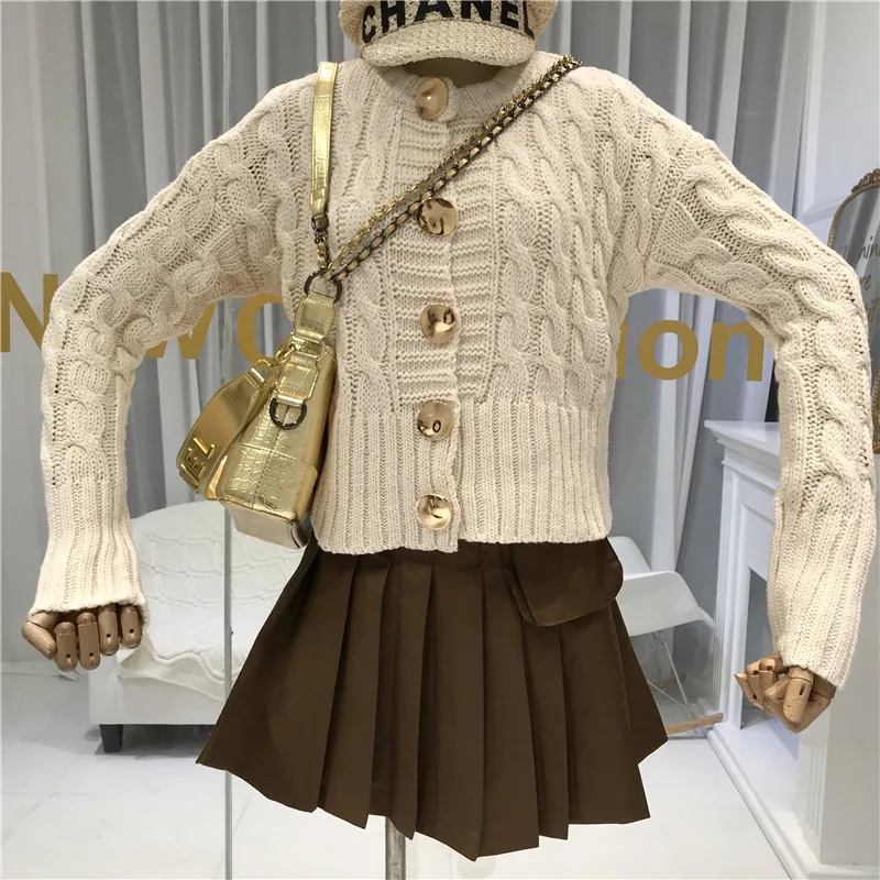 Корейский модный кардиган женский вязаный свитер Argyle High Street с круглым вырезом на пуговицах укороченный свитер женский кардиган осень зима