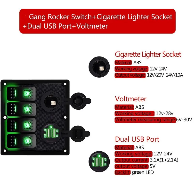 12 V-24 V 4 Gang морской катер автомобиля цепи RV светодиодный переключатель кулисный переключатель Панель выключатель вольтметр с предохранителем двойной USB кабель для зарядки для автомобилей класса RV лодка