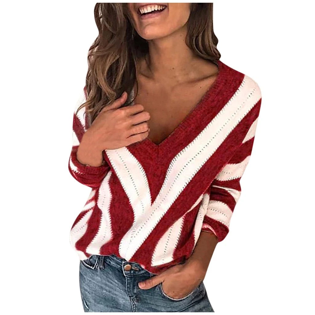 JAYCOSIA Striped Print V-neck Knitted Sweater Women Plus Size Tops Pullover Warm Autumn Winter Loose Sweaters Jumper 1016