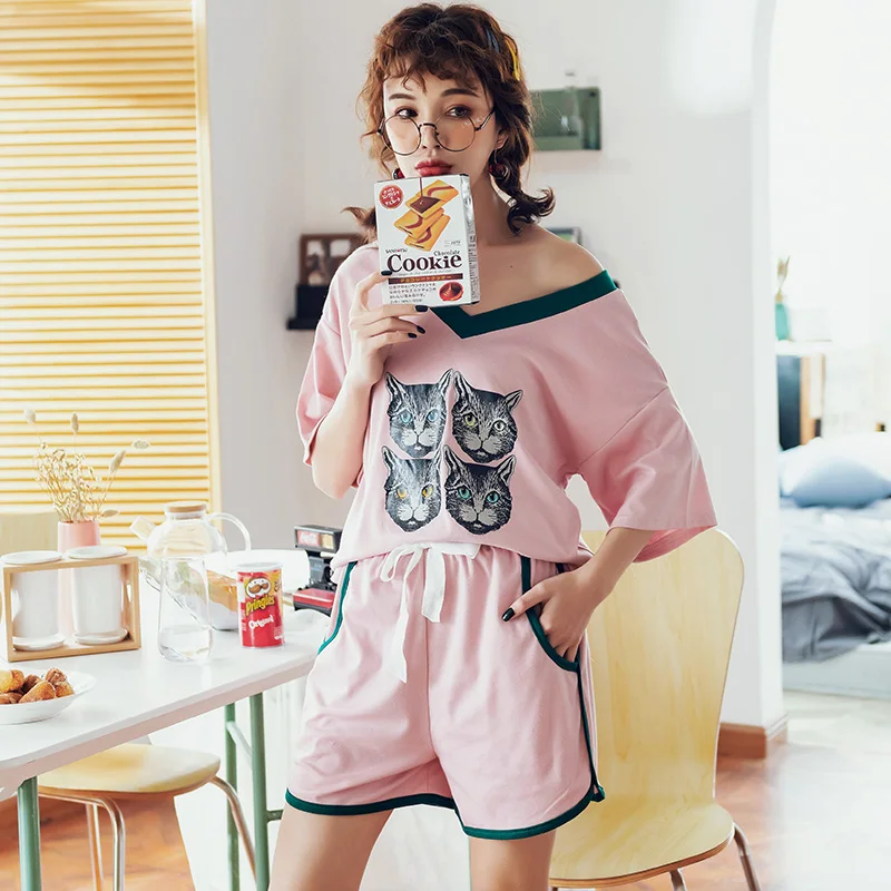 BZEL/Новая модная Хлопковая женская пижама, летняя Пижама с v-образным вырезом, женская пижама с принтом кота, повседневная домашняя одежда для девочек-подростков большого размера плюс