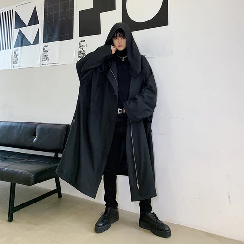 W1760 Мужской плащ, свободный, Повседневный, черный, с капюшоном, длинный плащ, мужской, женский, уличная, готический, ветровка, куртка, пальто - Цвет: W1760