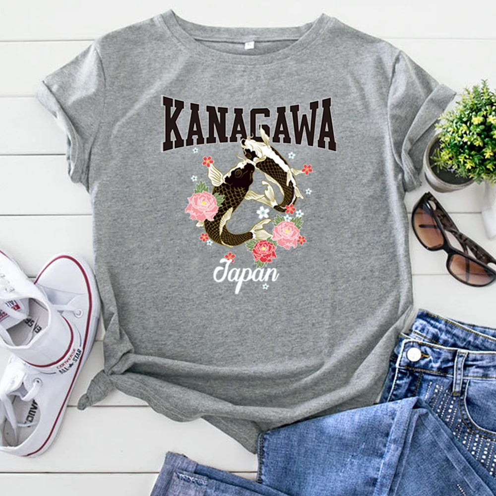 T Shirts Japanese Auspicious Fish Peony Printing Woman T Shirts Gothic Crewneck Short Sleeve Kawaii Vintage T-Shirts For Women