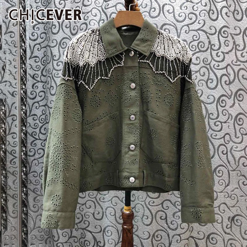 CHICEVER Лоскутная Вышивка бисером Женская куртка воротник с лацканами выдалбливают большой размер куртки женские осенние модные новые
