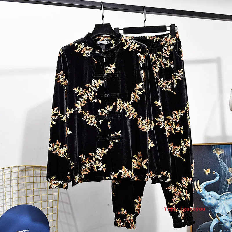 

Autumn Vintage Black Gold velvet Cardigan Jacket Long Pants Set Women Embroidery Flowers Coat Trousers Female Loose Tracksuits