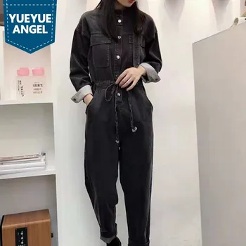 

Euro Autumn Womens Cargo Denim Jumpsuits Long Sleeve Stand Collar High Waist Loose Fit Ankle Length Pants Female Casual Overalls