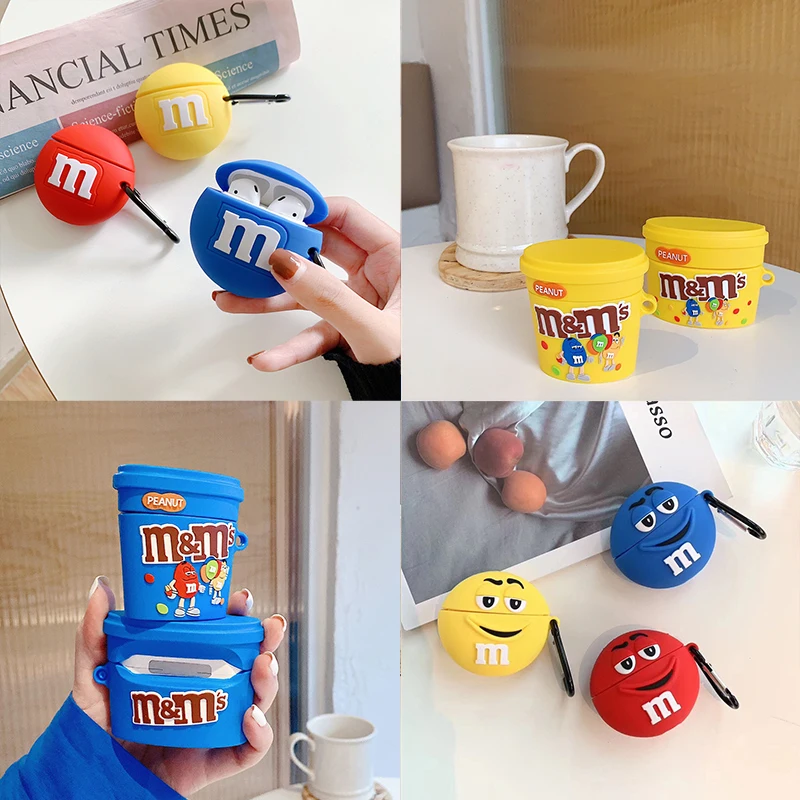 Cartoon fun M bean chocolate bluetooth earphone case for airpods 1 2 pro creative silicone protective cover with hook | Электроника