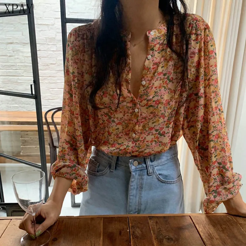 

2020 Summer New Long Sleeve Korean Chiffon Shirts Vintage Florals Streetwear Loose Purple Blouse Female Retro Sweet Shirts Tops