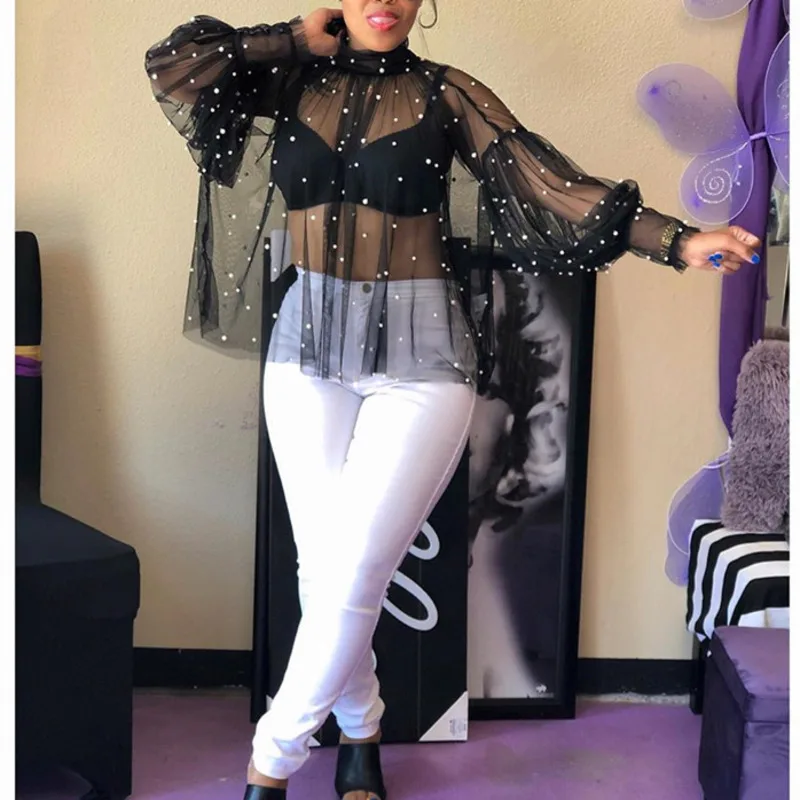 black mesh sexy transparent Nail Pearl see through Gauze womens ladies tops blouses clothes summer top streetwear long sleeve |