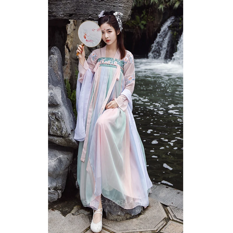 Color 4 Hanfu Женский костюм для китайского традиционного танца, костюмы древней феи, элегантное платье с вышивкой в народном стиле, ретро, для сцены, новогодний, праздничный наряд - Цвет: Color 4