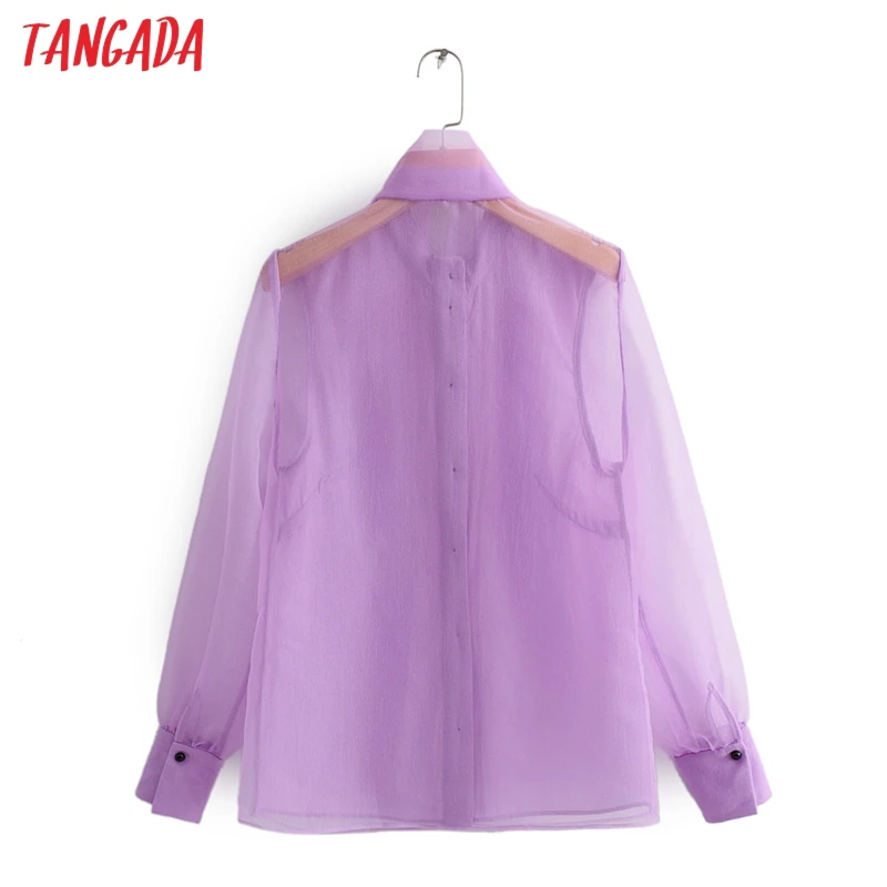 Tangada Женская шикарная фиолетовая блузка с длинным рукавом и воротником-бабочкой прозрачные Майки женские сексуальные топы blusas QJ145