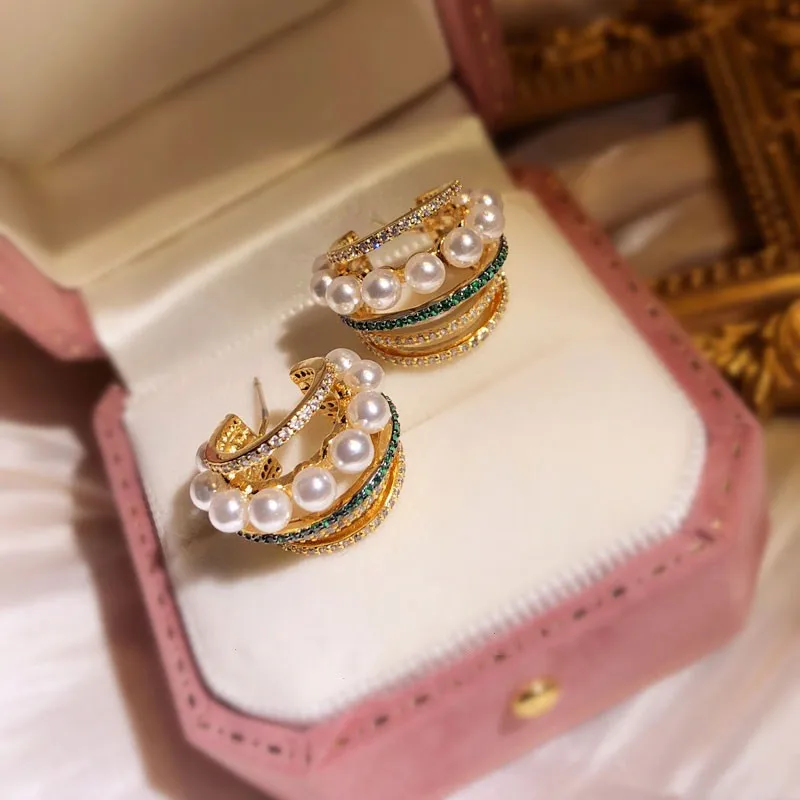 S925 Silver Needles Stud Earrings For Women Niche Design Multi-layer Freshwater Pearls Circle Ear Studs Temperament Fine Jewelry