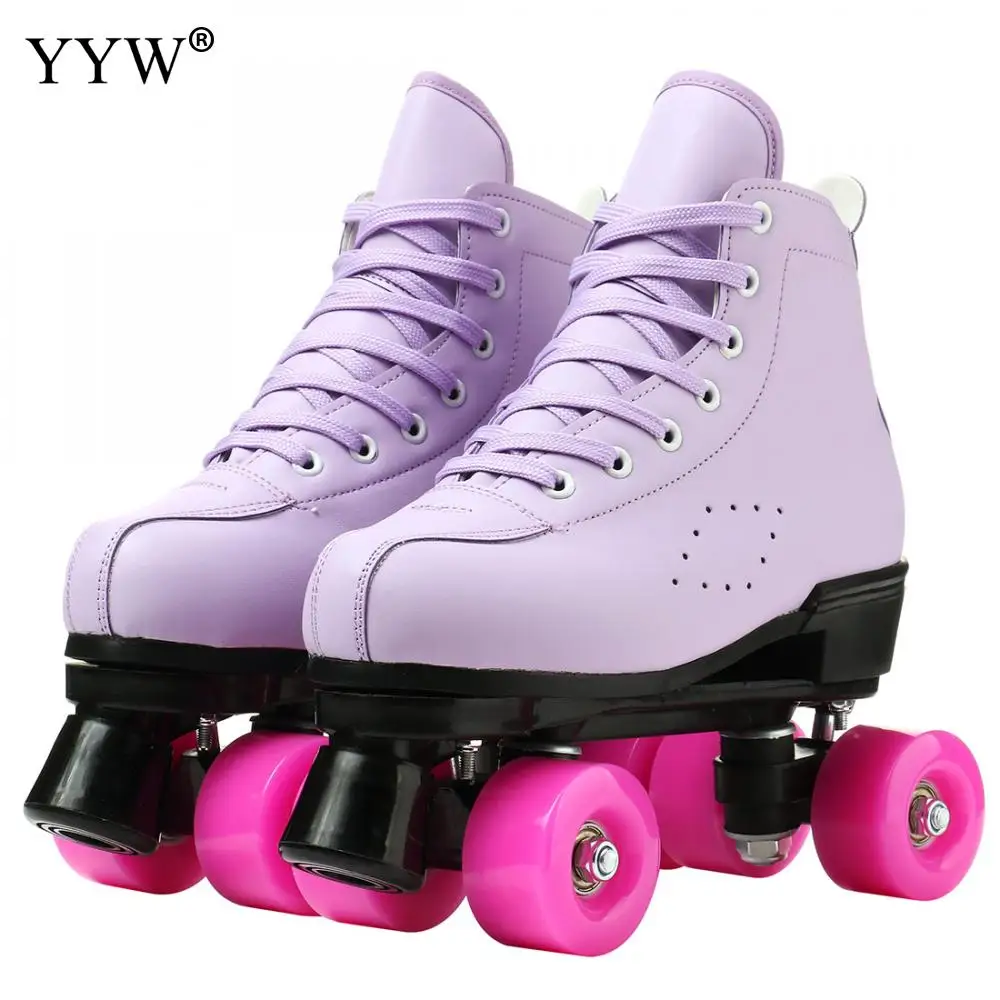 

Green Purple Pu Leather Skate Shoes 4 Wheels Roller Skates Professional Skating Rollers Sneakers Training For Adult Women Flash