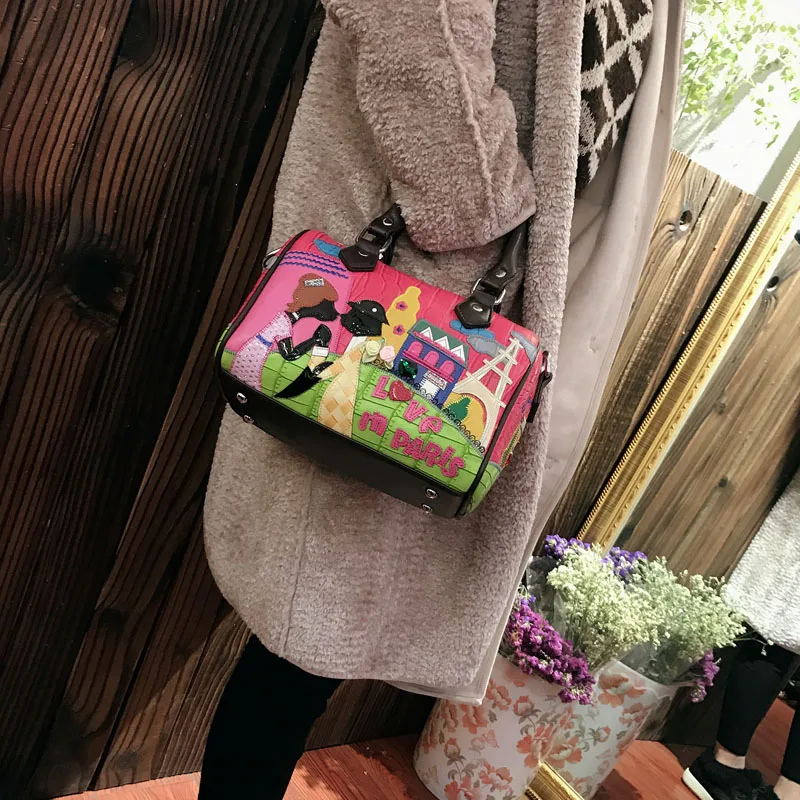 Женские сумки, кожаные Лоскутные сумки с вышивкой, сумки на плечо для девушек, сумки-мессенджеры, сумки в стиле Braccialini, мультяшная любовь в Париже