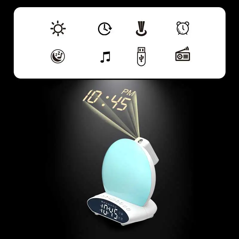 

Multifunctional night light wakes up the projection clock colorful music sleep simulation sunrise and sunset support CD playback
