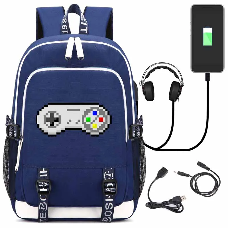 style3 blue Игровой ретро рюкзак с usb-портом для зарядки и замком и интерфейсом для наушников для студентов колледжа - Цвет: style3 blue