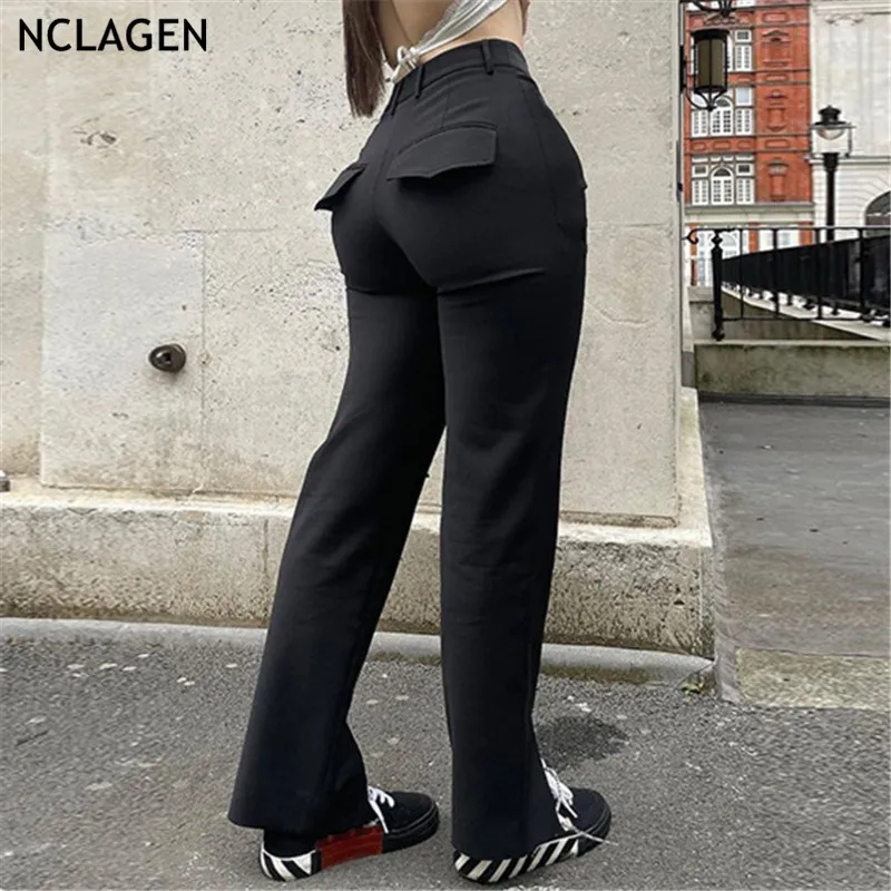 Nclagen Women Pants 2021 Patchwork Booty Fitness Casual Split Flare Pants Street Fashion Aesthetic Ladies Capris - Pants & Capris - AliExpress