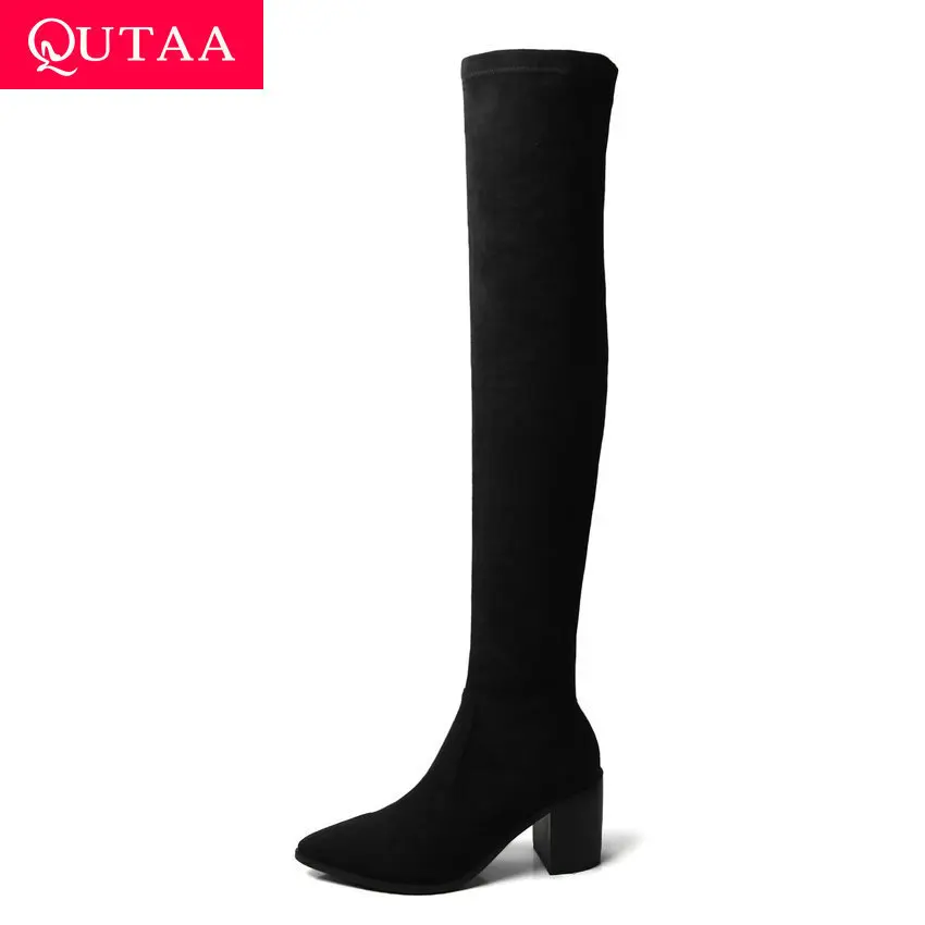 

QUTAA 2020 Stretch Flock Over The Knee High Boots Autumn Winter Square High Heel Sexy Pointed Toe Slip on Women Shoes Size 34-40