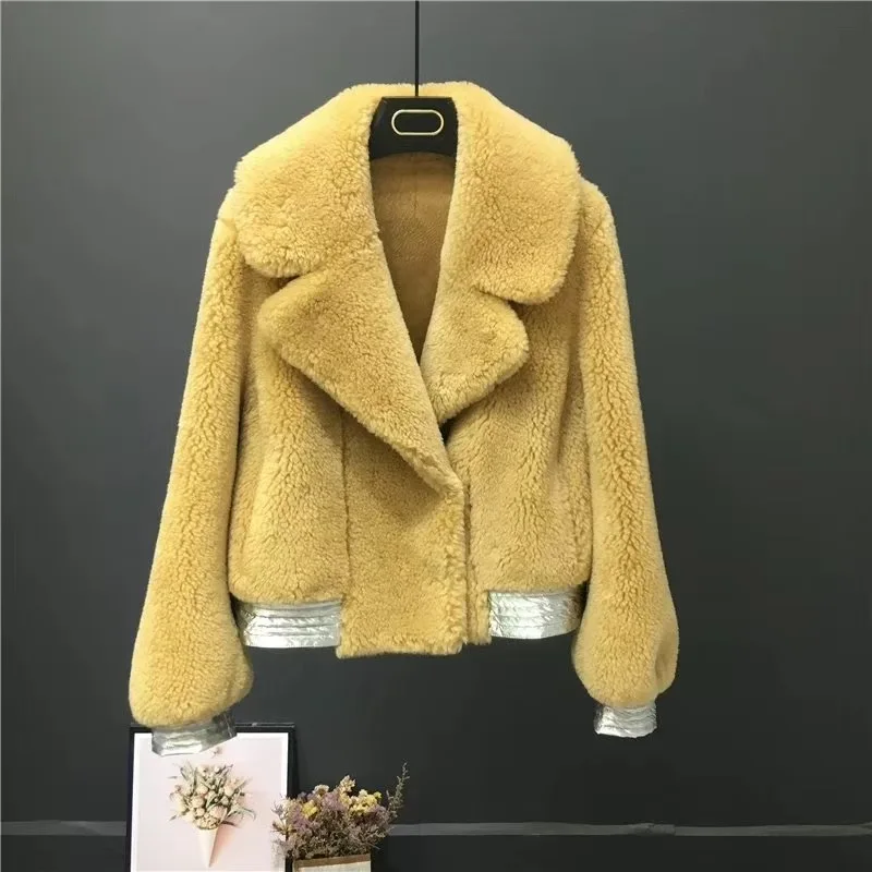 Шуба из настоящей овчины, короткая стильная женская шерстяная шуба, осенне-зимняя куртка из натурального овечьего меха, женская одежда - Цвет: Yellow
