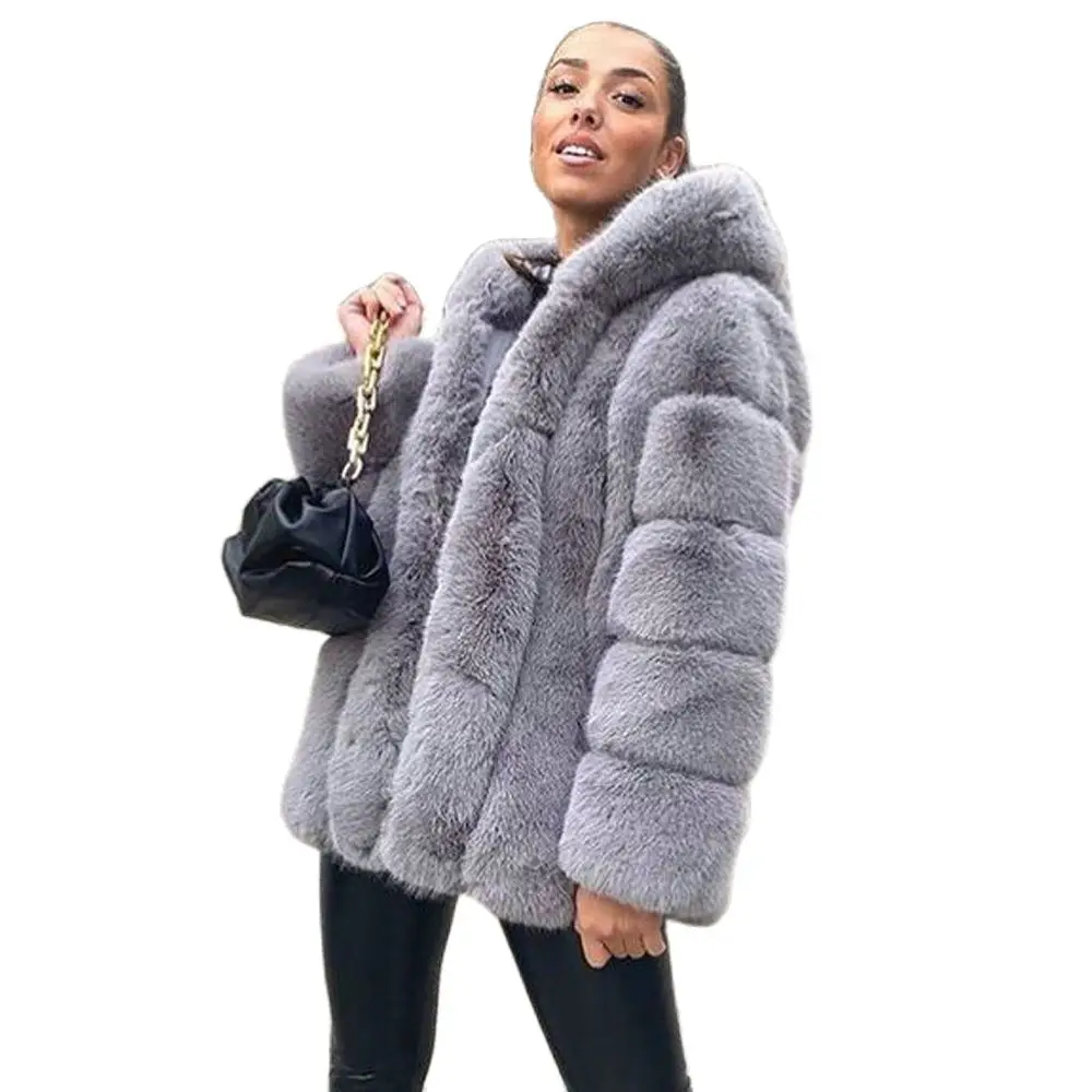 Mid-length Real Fox Fur Jacket with Hood Woman Winter Fashion Whole Skin Genuine Fox Fur Coats Female Thick Warm Fur Overcoat