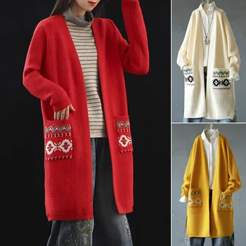 

Women Knit Cardigan Long Sleeve Embroidered Sweater Open Front Cardigan Outwear NFE99