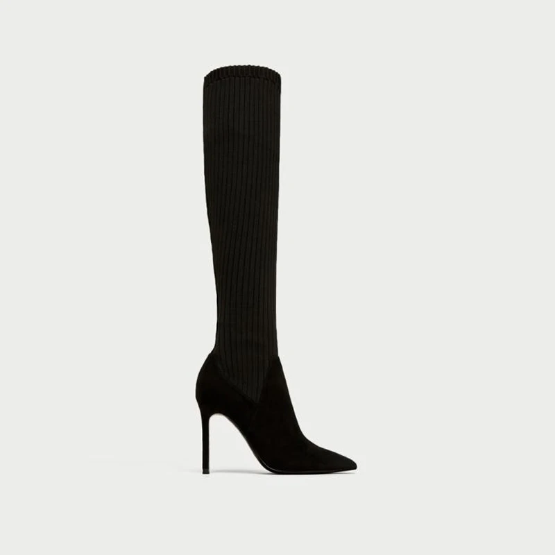 Black Long Boots Черный тонкий стрейч из флока Женские сапоги до колена на высоком каблуке Для женщин ботинки с высоким голенищем Женская зимняя обувь носок сапоги ботинки до колен - Цвет: Black Long Boots