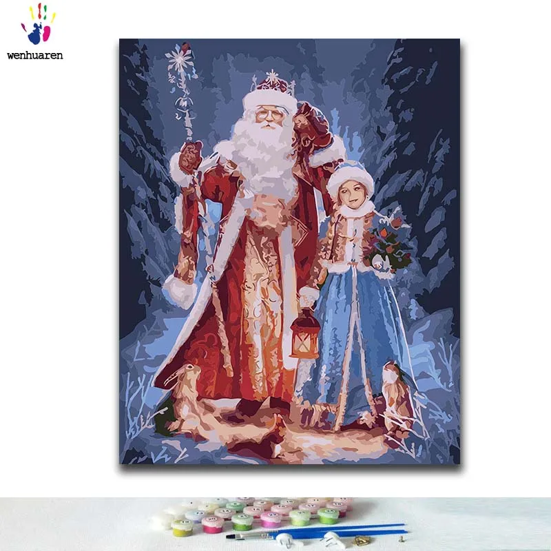 DIY окраска по номерам Санта Клаус и Снеговик в снегу картины с комплекты 40x50