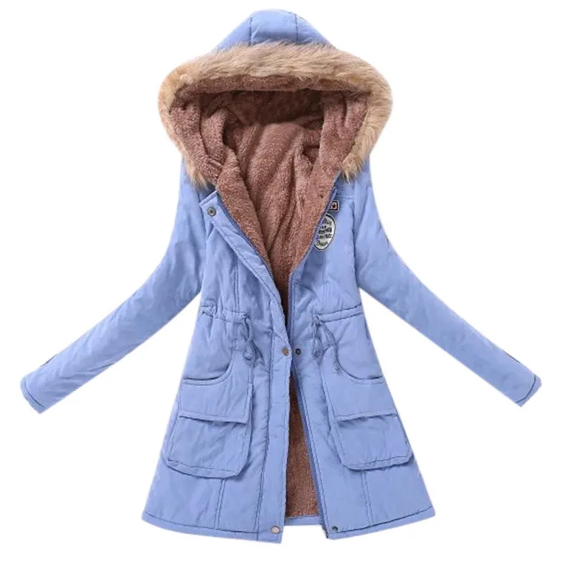 Женская Длинная зимняя куртка женская розовая красная парка Женская Теплая стеганая куртка Длинная женская зимняя куртка с капюшоном размера плюс - Цвет: Sky blue