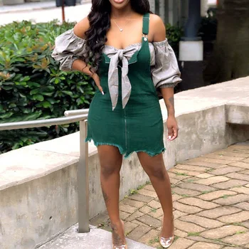 

Summer Mini Dress Sexy Ladies Streetwear Green Suspender Sleeveless Casual Sundress 2020 Women Short Denim Jeans Short Dress