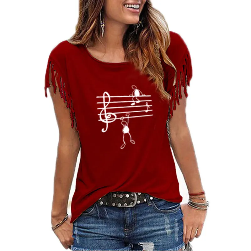 2021 Fashion Music Notes Woman T Shirt Print Fit Ladies Casual Cotton Tassel Short Sleeve O-neck T-shirt 4