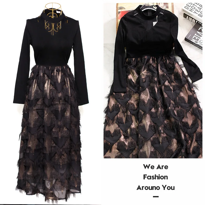Autumn Fashion Women Dresses O Neck Hollow Out Long Sleeve Black Ball Gown Tassels Dresses Street Style Casual Dress Z2889