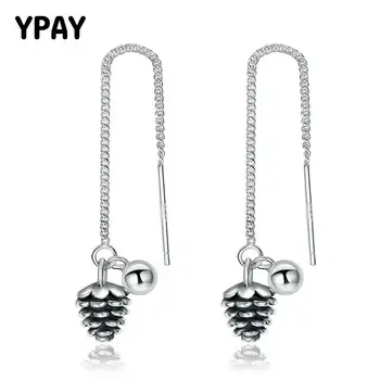 

YPAY Pinecone Long Dangle Earrings Women 100% Genuine Sterling Silver 925 Pine Nut Cute Drop Earring Brinco Fine Jewelry YME035