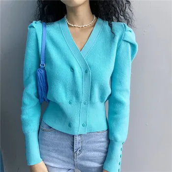 

2020 Fall New V neck PUff Sleeve DOuble Breasted Short Knitted Cardigan WOmen Long Sleeve Casual Top Sweater Knitwear