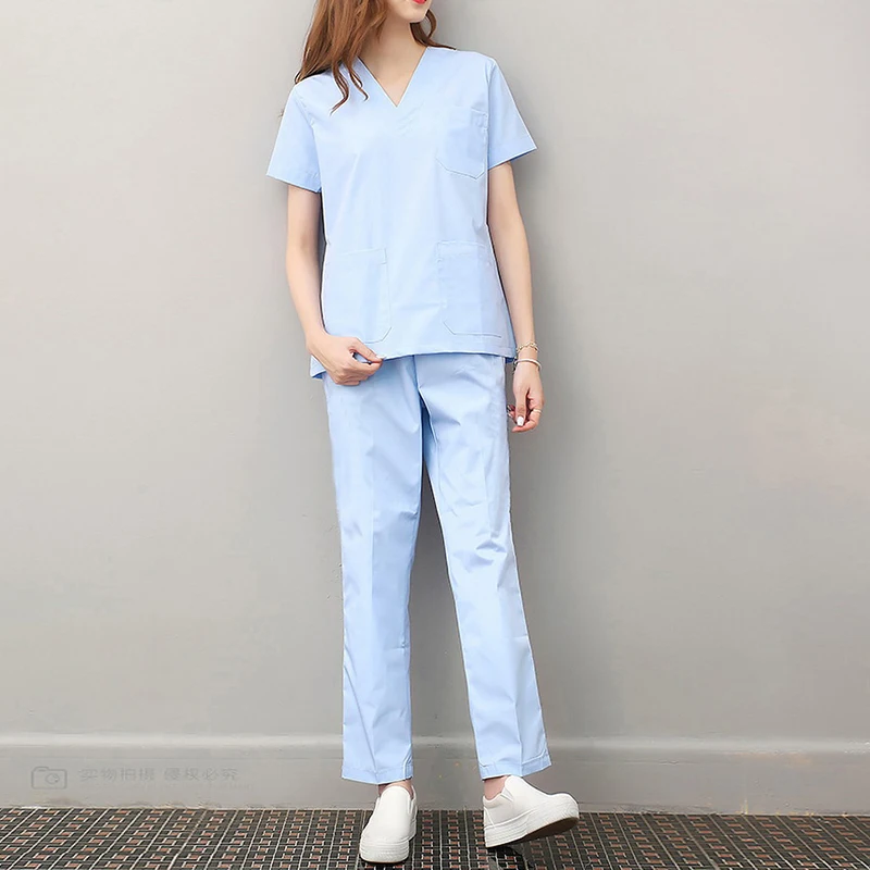 Medical Uniform Workwear Clothes Health Workers Tops Pants Beauty Salon Scrub Uniforms Scrubs Set Short Sleeve V-neck Uniform Coat