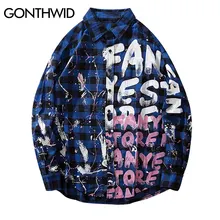 GONTHWID Harajuku граффити чернила Письмо печати плед рубашки для мужчин хип хоп хипстер панк Рок уличная рубашка модные повседневные топы Мужские