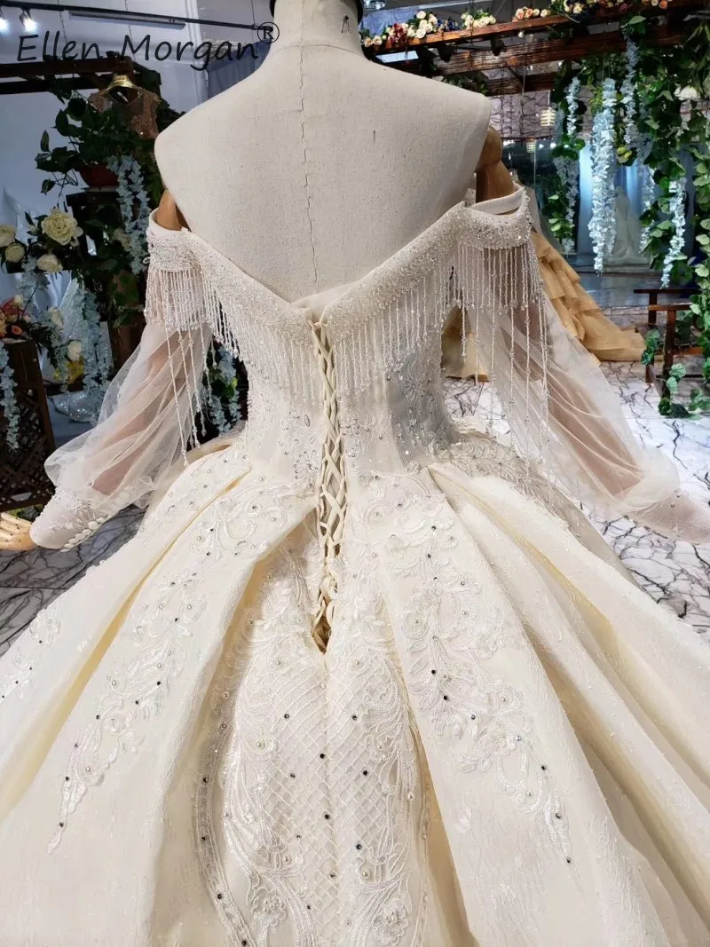 Роскошные кружевные бальные платья, свадебные платья с длинным рукавом,, с открытыми плечами, с аппликацией из бисера, на шнуровке, со шлейфом, Vestidos De Novia