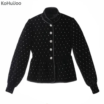 

KoHuiJoo Women Cotton Padded Jacket Fashion Bling Bling Single Beaded Velvet Jacket and Coats Female Black Elegant Outwear
