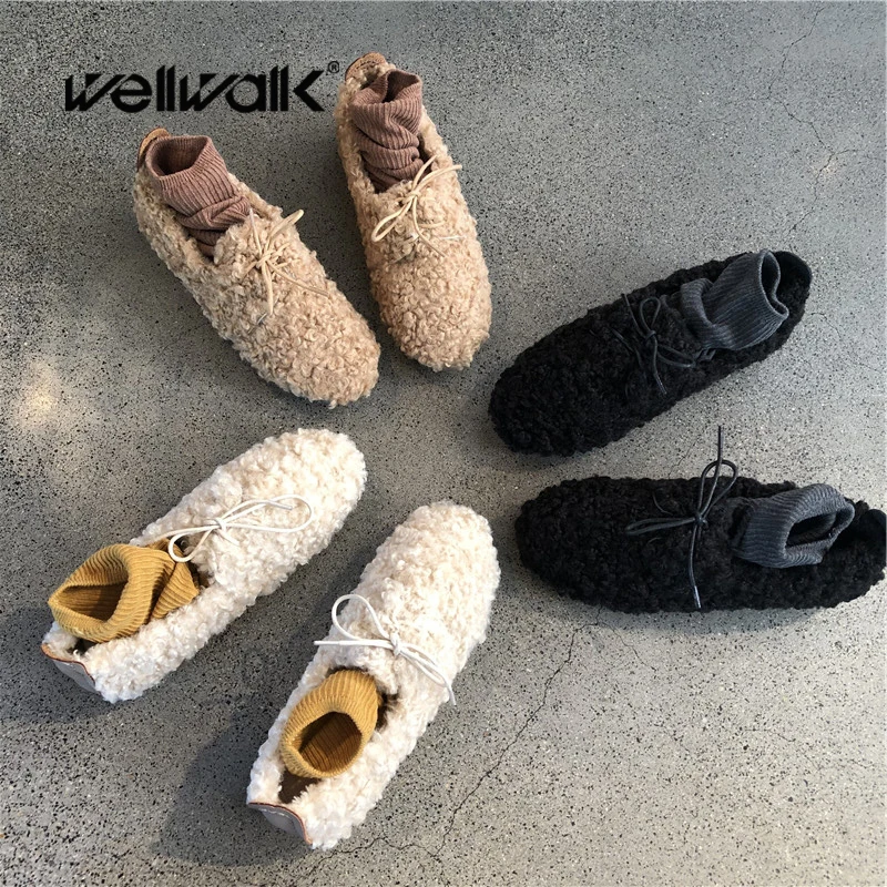

Lace Up Fur Shoes Women Winter Flats Fluffy Ballerinas Female Slip On Furry Moccasins Luxury Style Lady Warm Indoor Ballet Flats