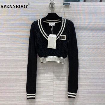 

SPENNEOOY Designer Custom Runway Autumn Fashion Casual Short Sweater Women Colorblock Long Sleeve V-Neck Knitting Pullovers