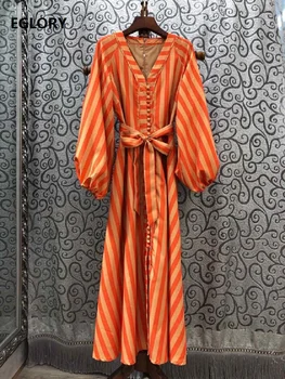 

Striped Long Dress 2019 Autumn Fashion Style Women V-Neck Tunic Buttons Up Lantern Sleeve Vintage Party Long Maxi Dress Orange