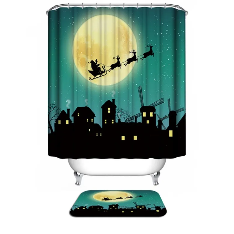 Cute Christmas Theme Shower Curtain Mildew Waterproof Polyester Fabric Shower Curtain Bathroom Christmas Decor