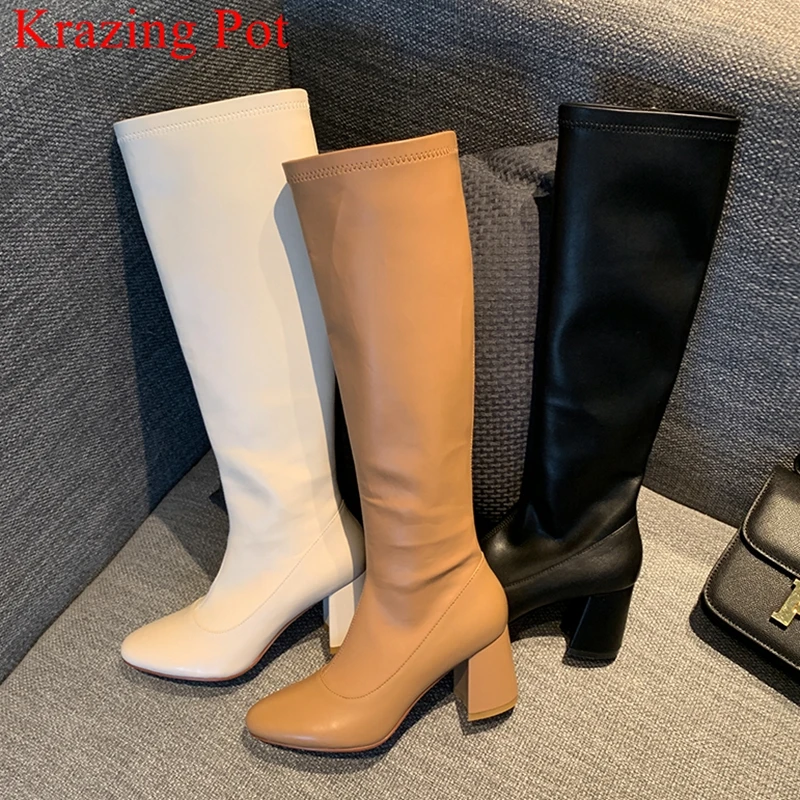 

Krazing Pot Fashion Cow Leather Round Toe Zipper Leisure High Heels Concise Thigh High Boots Daily Wear Elegant Knee High Boots