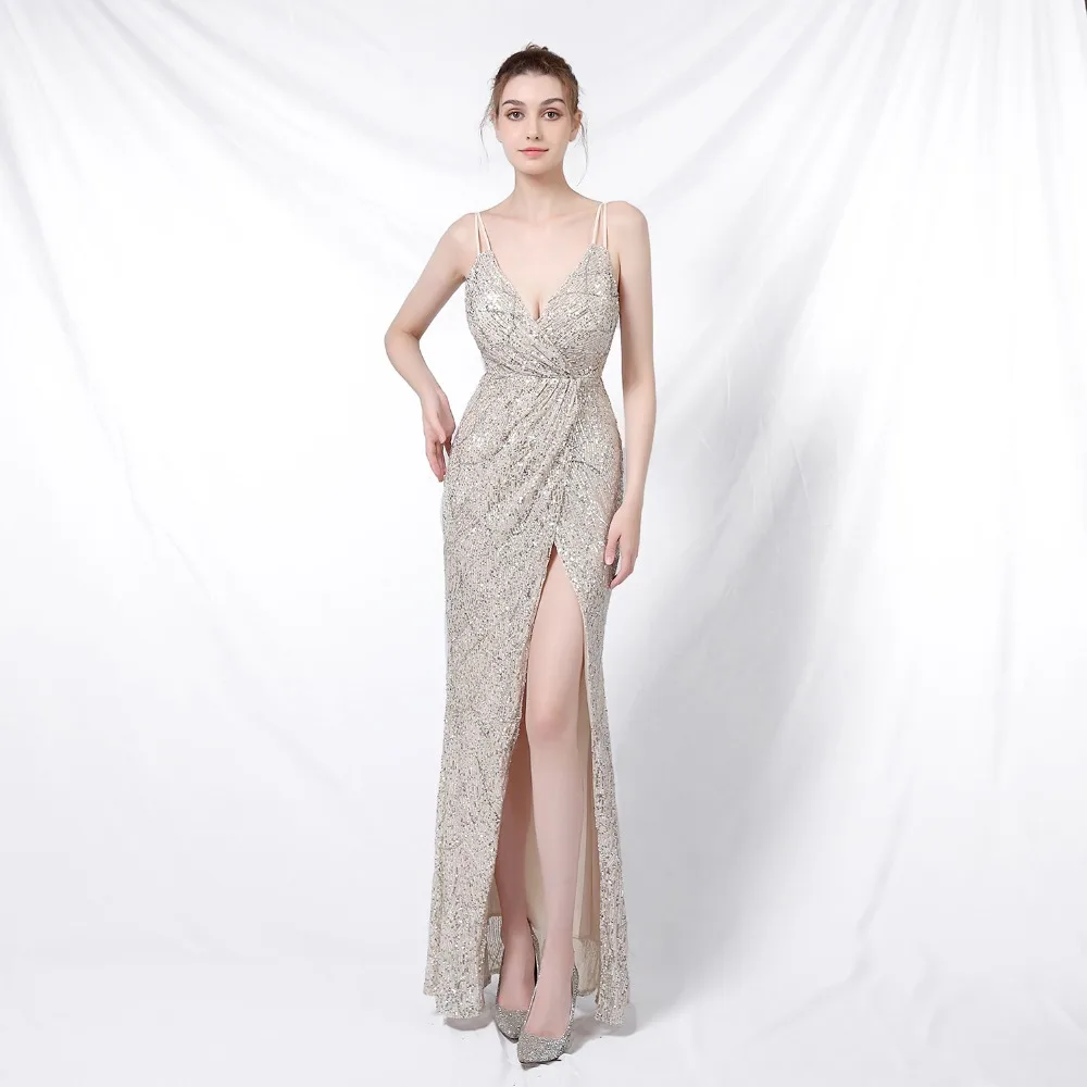 Gold Sequins Spaghetti Strap Deep V Neck Backless Open Slit Luxury Party Dresses For Women 2020 Fashion Elegant Night Club Dress (5)