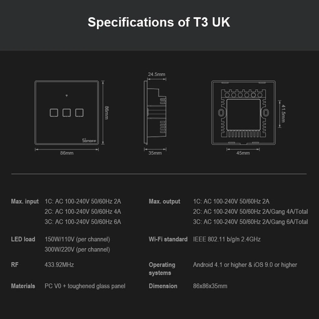 Интеллектуальный выключатель света SONOFF T3 1/2/3 серии TX Wifi светильник выключатель закаленное Стекло поверхности Смарт-поставляет Великобританию Стандартный