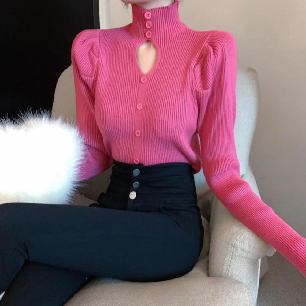 

Puff Sleeve Pullover Turtleneck Sweater Women's 2022 Spring Fall New Fashion Slim Top Bottoming Shirt Long Sleeve Femme Sweaters